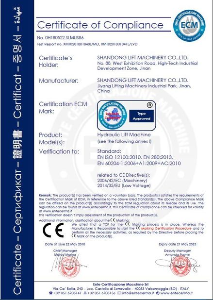 Trung Quốc Shandong Lift Machinery Co.,Ltd Chứng chỉ