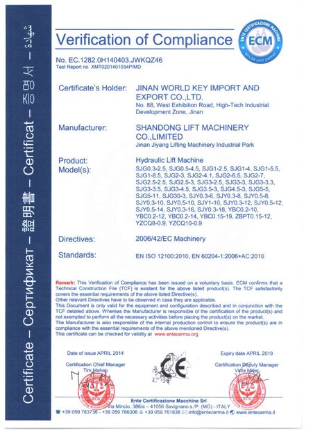 Trung Quốc Shandong Lift Machinery Co.,Ltd Chứng chỉ